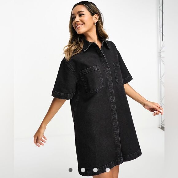 ASOS DESIGN | short sleeve denim shirt dress in washed black size 4 - Picture 1 of 11